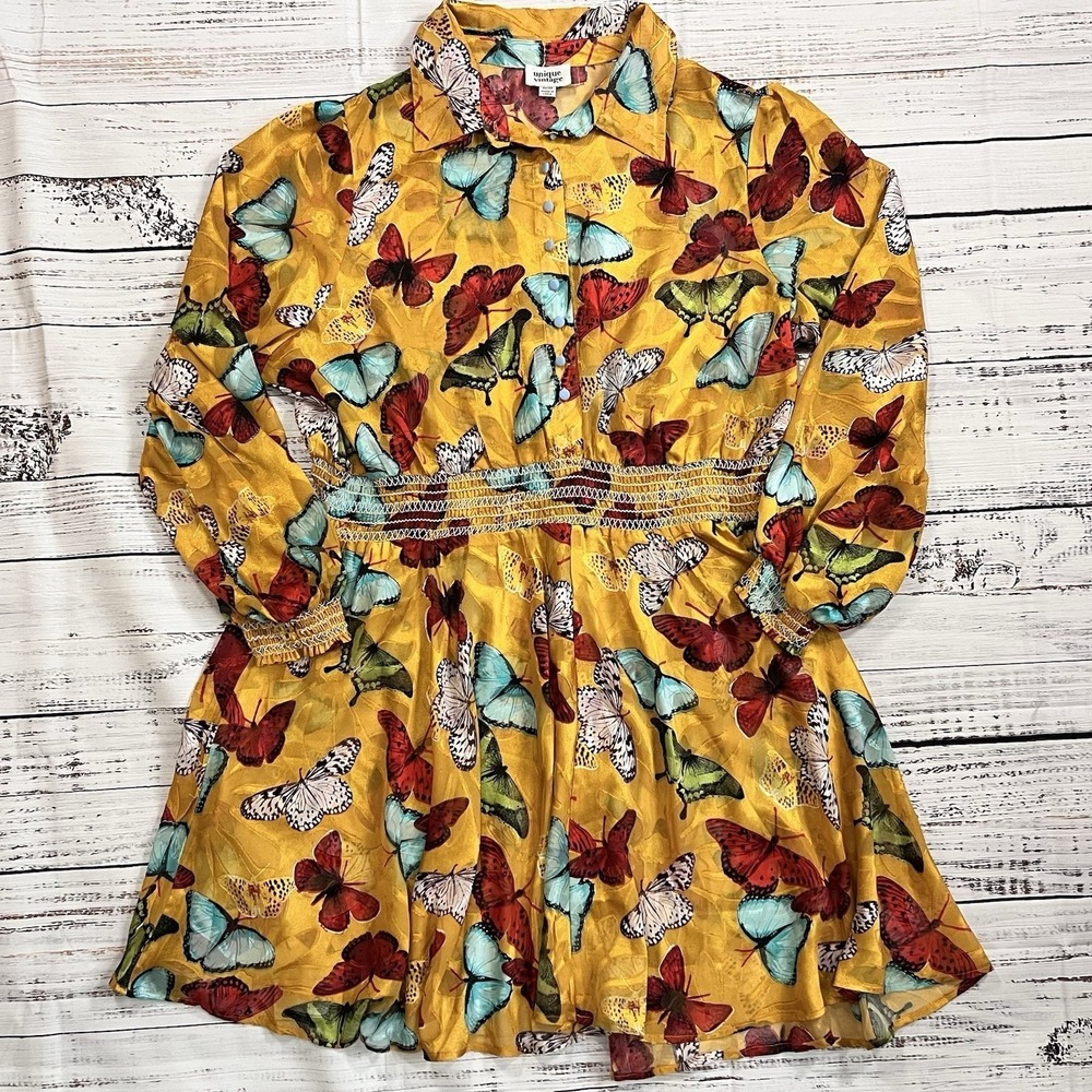 Unique Vintage Women's 3X Yellow Butterfly Print Retro Swing Chiffon Dress NWT